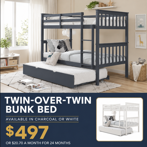 Twin-Over-Twin Convertible Bunk Bed – Solid Wood Frame in Charcoal Finish