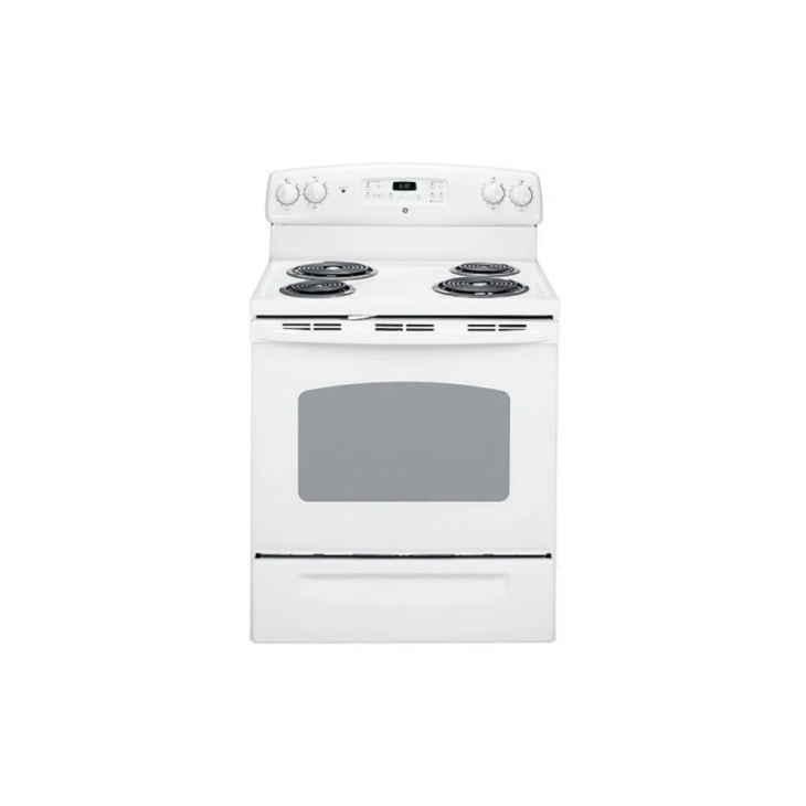 GE JCBP240DMWW Electric Range, 5 cu. ft. Capacity, 30 inch Exterior Width, 4 Burners, Storage Drawer, Self Clean, 2,400 Watts Highest Burner Element, White colour