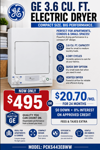GE PCKS443EBWW 3.6 Cu. Ft. Compact Electric Dryer | Space-Saving Dryer | Home Furniture Outlet Windsor
