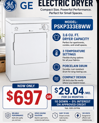 GE PSKP333EBWW Electric Dryer, 3.6 cu. ft. Dryer Capacity, 3 Temperature Settings, Porcelain Drum, White colour 120 Volts
