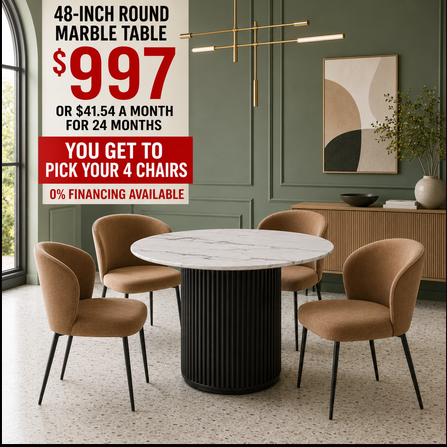 Velmora 48-Inch Round Marble Dining Table with 4 Chairs, You pick the chairs!