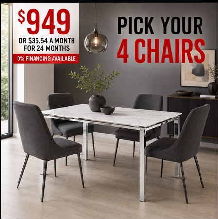 White marble dining table with 4 chairs of your choice.