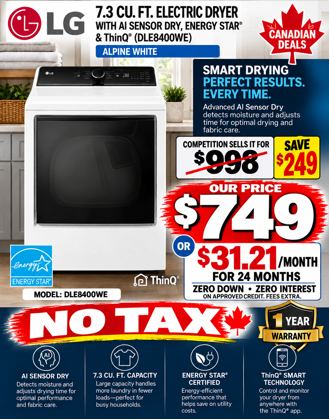 LG DLE8400WE Electric Dryer | 7.3 Cu. Ft. AI Sensor Dry | Home Furniture Outlet Windsor