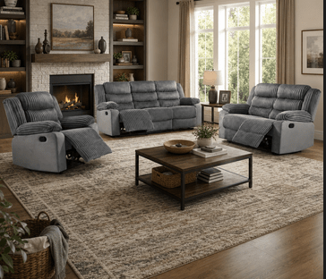 Modern Corduroy Reclining Sofa Set available in beige and grey.