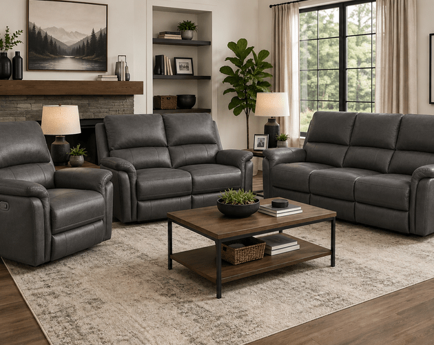 Three Piece Leather Power Reclining Living Room Set Available in black and grey