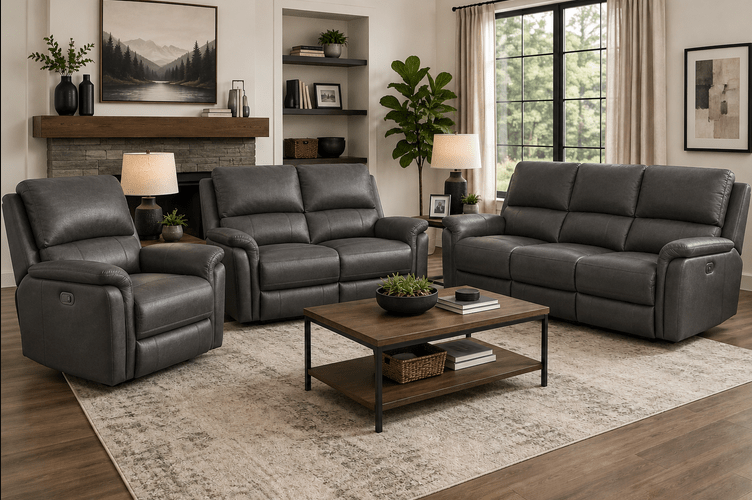 Three Piece Leather Power Reclining Living Room Set Available in black and grey