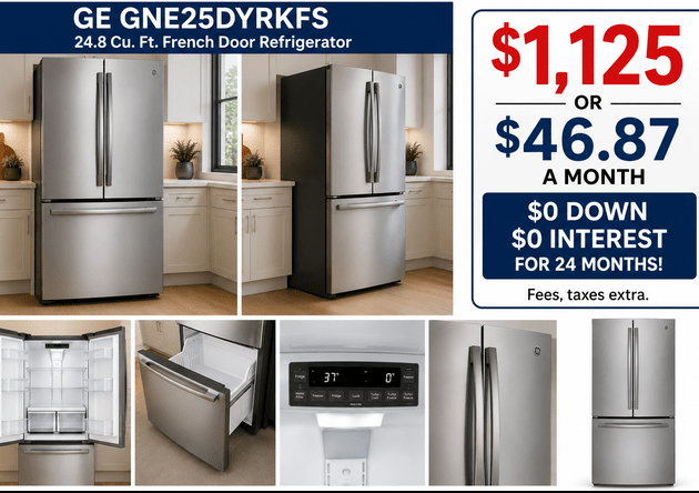 GE GNE25DYRKFS French Door Refrigerator | 24.8 Cu. Ft. Stainless Steel | Home Furniture Outlet Windsor