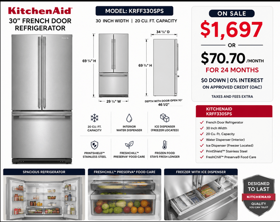 KitchenAid KRFF330SPS 30" French Door Refrigerator | 20 Cu. Ft. Stainless Steel | Home Furniture Outlet Windsor