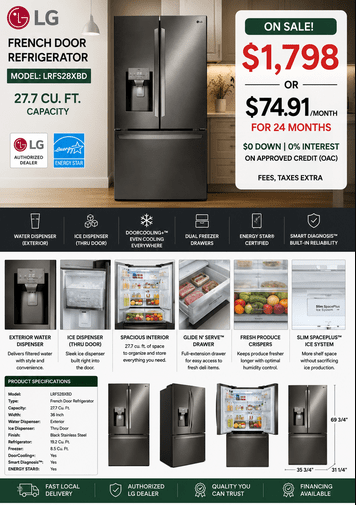 LG LRFS28XBD 36" French Door Refrigerator | 27.7 Cu. Ft. Black Stainless Steel | Home Furniture Outlet Windsor