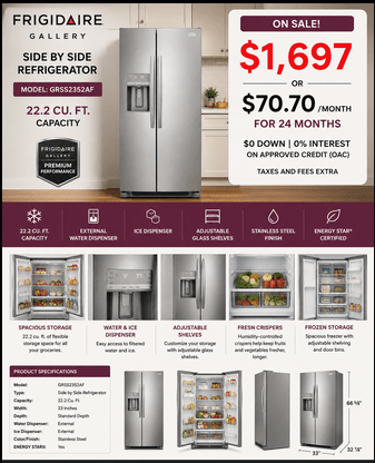 Frigidaire Gallery GRSS2352AF 33" Side-by-Side Refrigerator | 22.2 Cu. Ft. Stainless Steel | Home Furniture Outlet Windsor