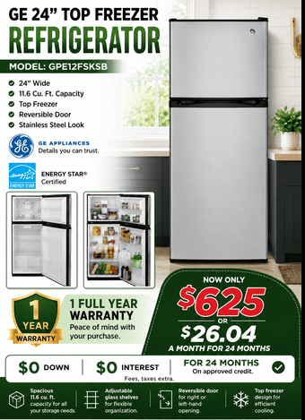 GE 24" Top Freezer Refrigerator – 11.6 Cu. Ft. Stainless Steel Look | Model GPE12FSKSB