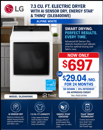 LG DLE8400WE Electric Dryer | 7.3 Cu. Ft. AI Sensor Dry | Home Furniture Outlet Windsor