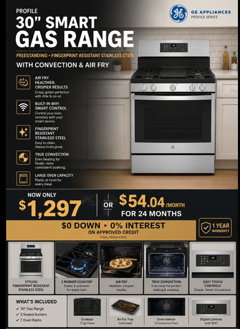 GE Profile 30" Smart Freestanding Gas Range with Air Fry & True Convection – Fingerprint Resistant Stainless Steel