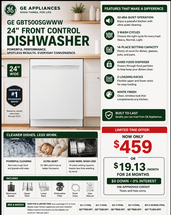 GE GBT500SGVWW 24-Inch Built-In Dishwasher in White | Home Furniture Outlet Windsor