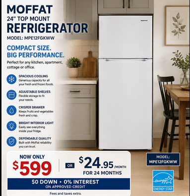 Moffat MPE12FGKWW 24" Top Mount Refrigerator | Home Furniture Outlet Windsor