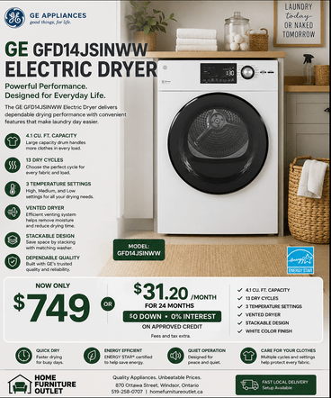 GE GFD14JSINWW 4.1 Cu. Ft. Electric Dryer | Home Furniture Outlet Windsor