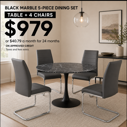 Black Marble-Look Dining Table with Four Chairs