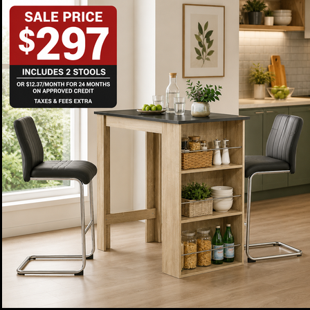 Natural Counter-Height Bar Table with 2 Stools and Storage