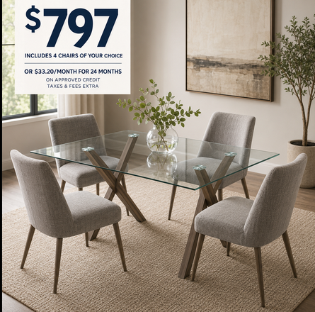 Modern Glass Dining Table with Four Chairs of Your Choice
