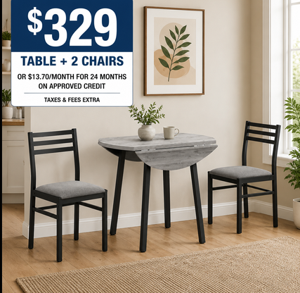 Compact Grey Drop-Leaf Dining Table with Two Chairs