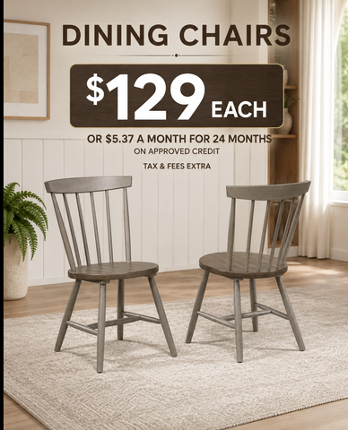 Grey Oak-Look Spindle-Back Dining Chairs – $129 each