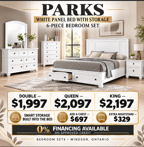 Parks white Panel Bed with Storage – 6-Piece Bedroom Set | Windsor, Ontario