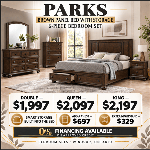 Parks Panel Bed with Storage – 6-Piece Bedroom Set | Windsor, Ontario