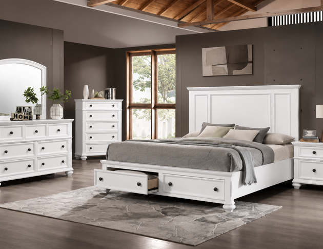 Parks white Panel Bed with Storage – 6-Piece Bedroom Set | Windsor, Ontario